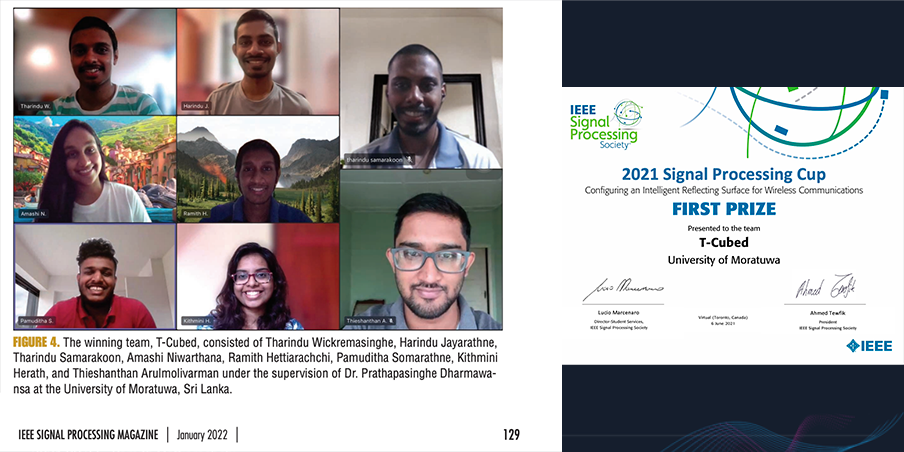 T-Cubed team photo and the IEEE Signal Processing Cup 2021 first-prize certificate